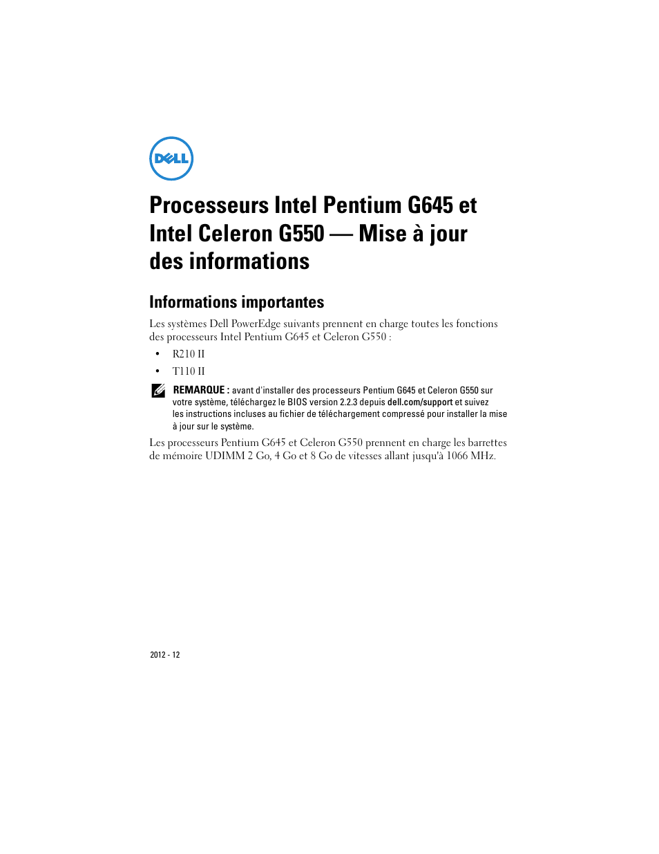Informations importantes | Dell PowerEdge T110 II User Manual | Page 3 / 8