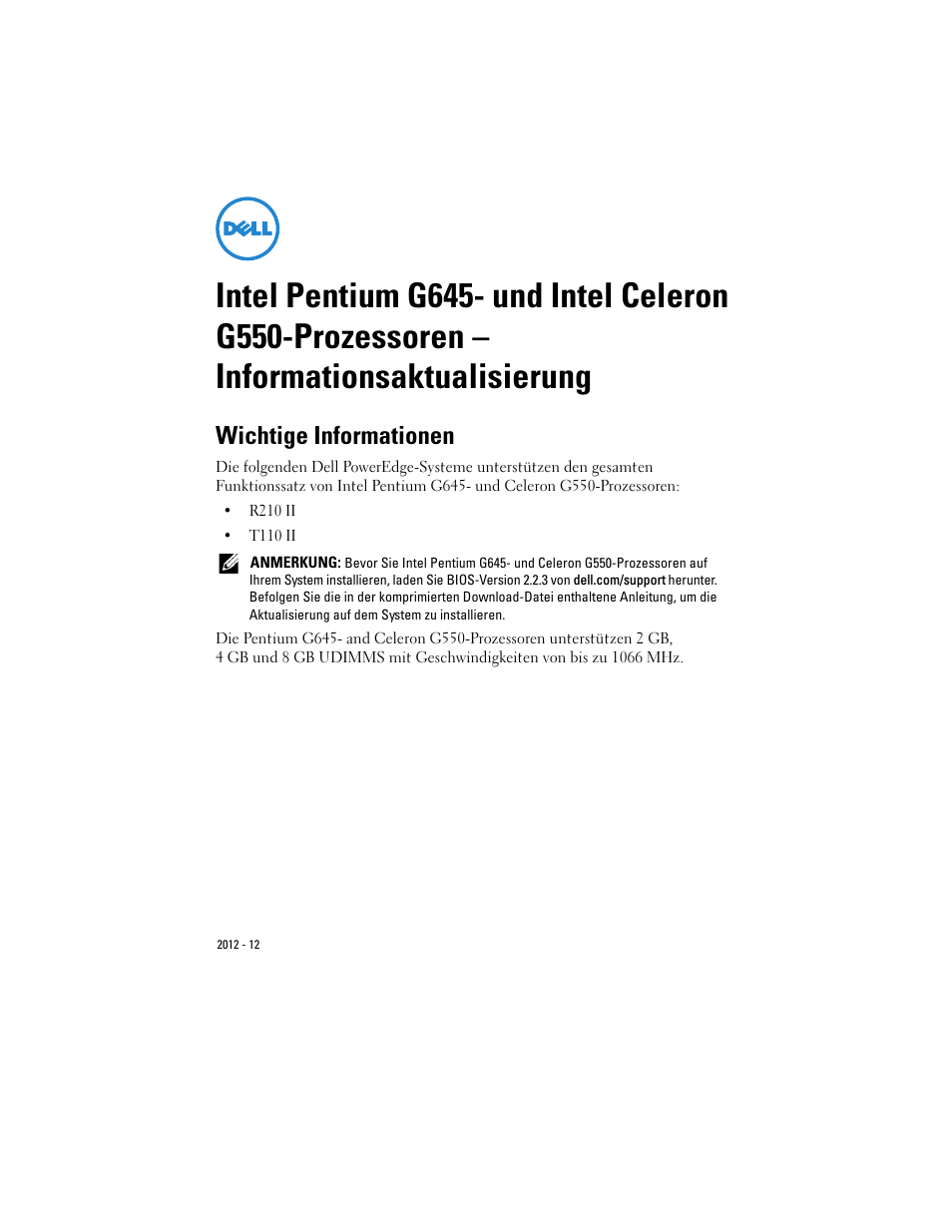 Wichtige informationen | Dell PowerEdge T110 II User Manual | Page 4 / 8