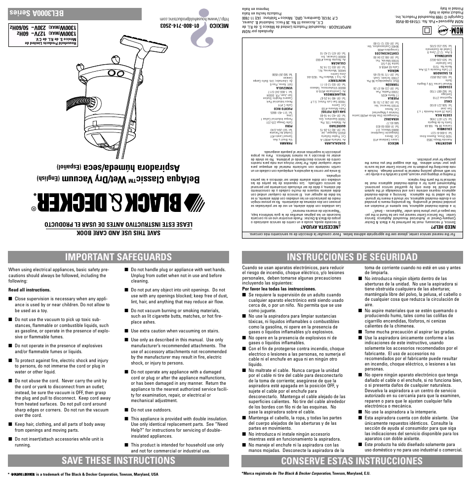 Safegaurds, Belaqua classic, Wet/dry v acuum | Aspiradora húmeda/seca, Important safeguards save these instructions, Bel3000a series, English), Español), 1300w | Black & Decker BEL3000A Series User Manual | Page 2 / 5