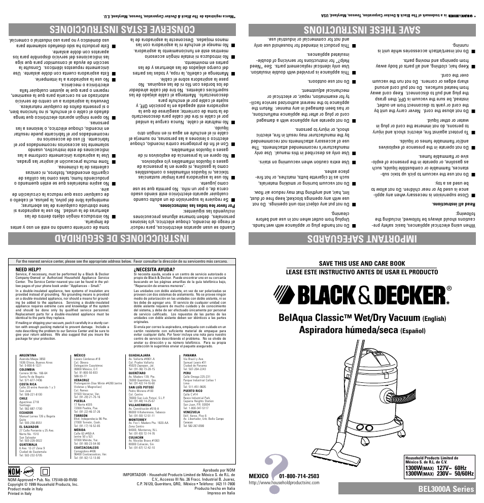 Belaqua classic, Wet/dry vacuum, Aspiradora húmeda/seca | Important safeguards save these instructions, Bel3000a series | Black & Decker BEL3000A Series User Manual | Page 4 / 5