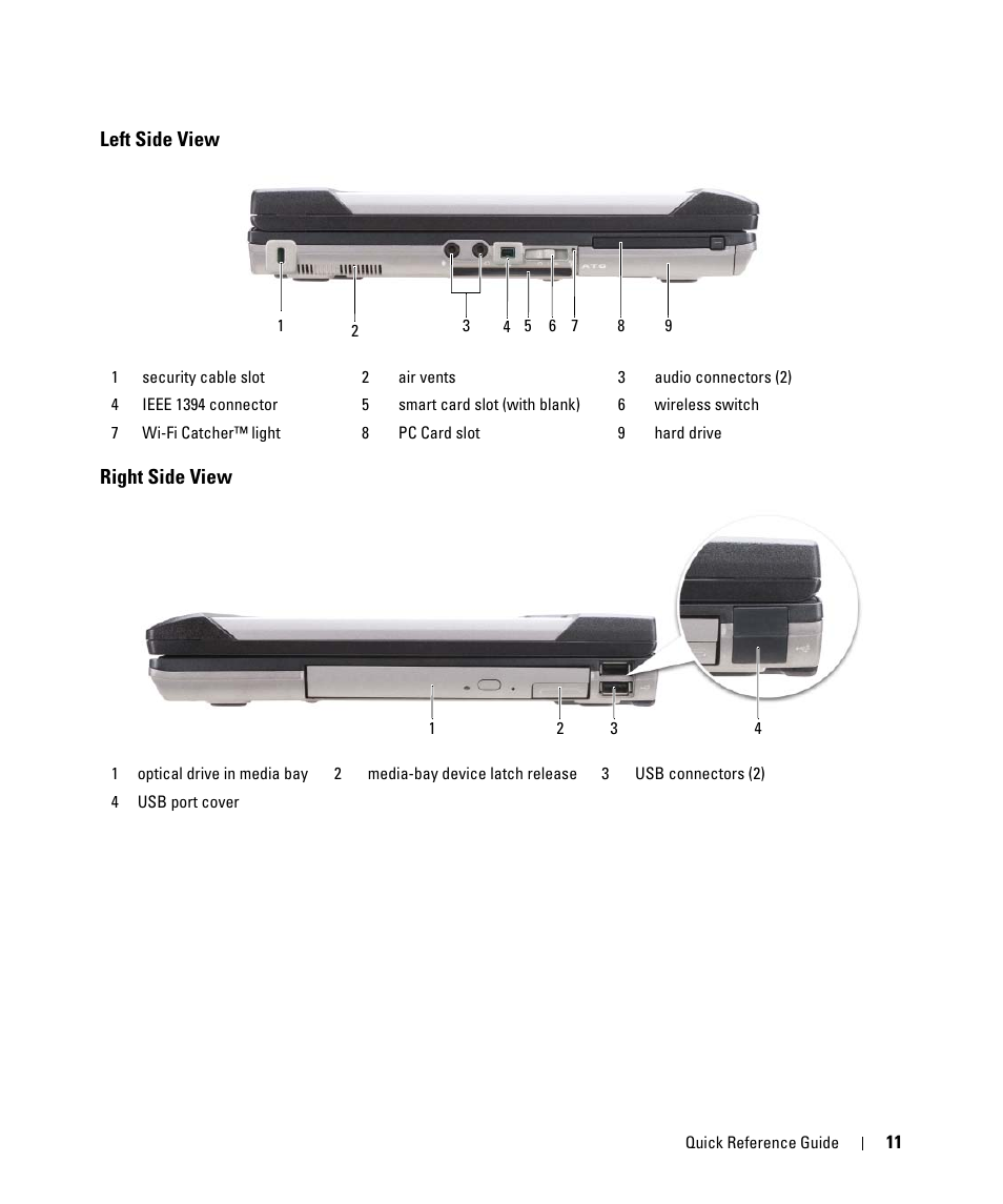 Left side view, Right side view, Left side view right side view | Dell Latitude D630 ATG (Mid 2007) User Manual | Page 11 / 98