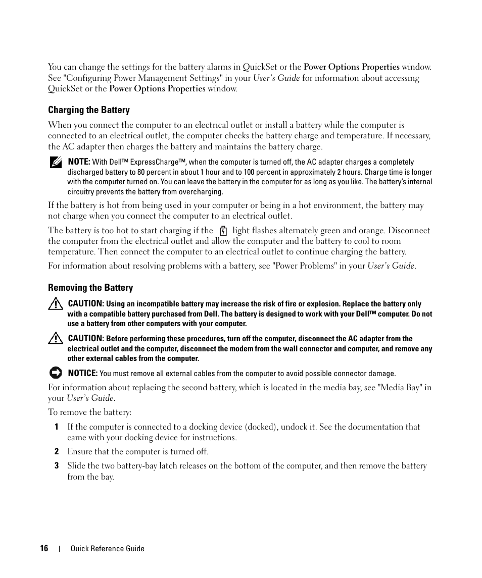 Charging the battery, Removing the battery | Dell Latitude D630 ATG (Mid 2007) User Manual | Page 16 / 98