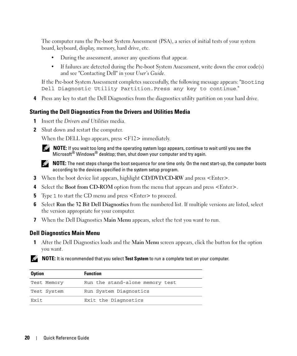 Dell diagnostics main menu | Dell Latitude D630 ATG (Mid 2007) User Manual | Page 20 / 98