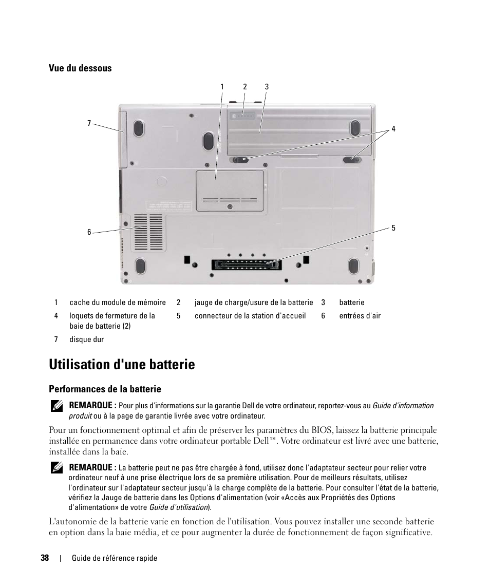 Vue du dessous, Utilisation d'une batterie, Performances de la batterie | Dell Latitude D630 ATG (Mid 2007) User Manual | Page 38 / 98