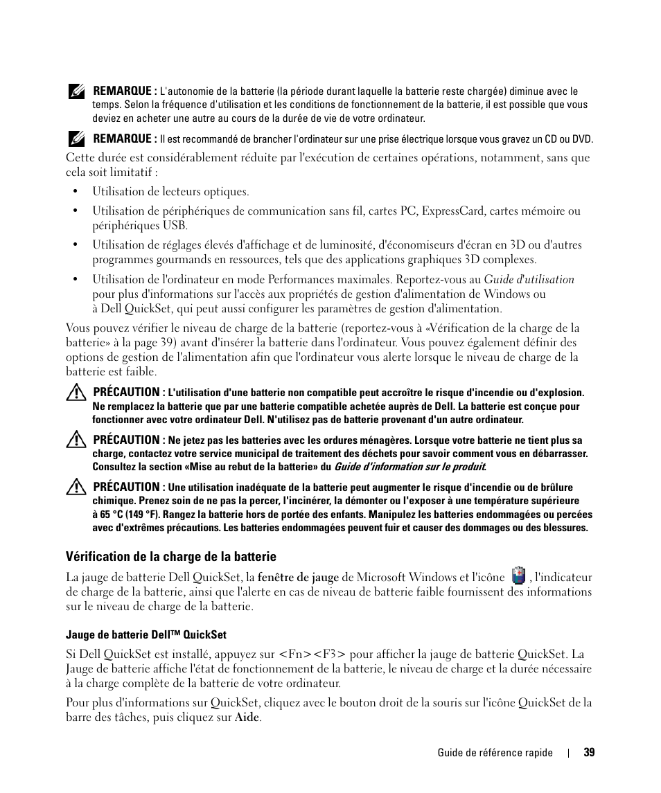 Vérification de la charge de la batterie | Dell Latitude D630 ATG (Mid 2007) User Manual | Page 39 / 98