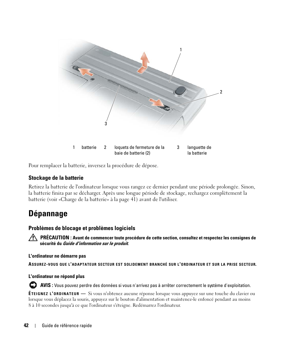 Stockage de la batterie, Dépannage, Problèmes de blocage et problèmes logiciels | Dell Latitude D630 ATG (Mid 2007) User Manual | Page 42 / 98