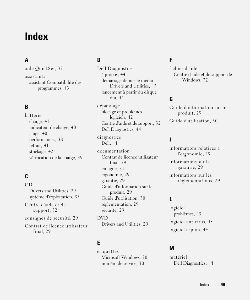 Index | Dell Latitude D630 ATG (Mid 2007) User Manual | Page 49 / 98