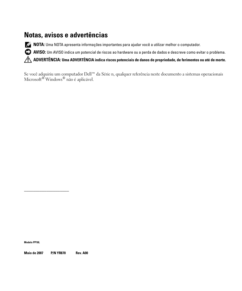 Notas, avisos e advertências | Dell Latitude D630 ATG (Mid 2007) User Manual | Page 52 / 98