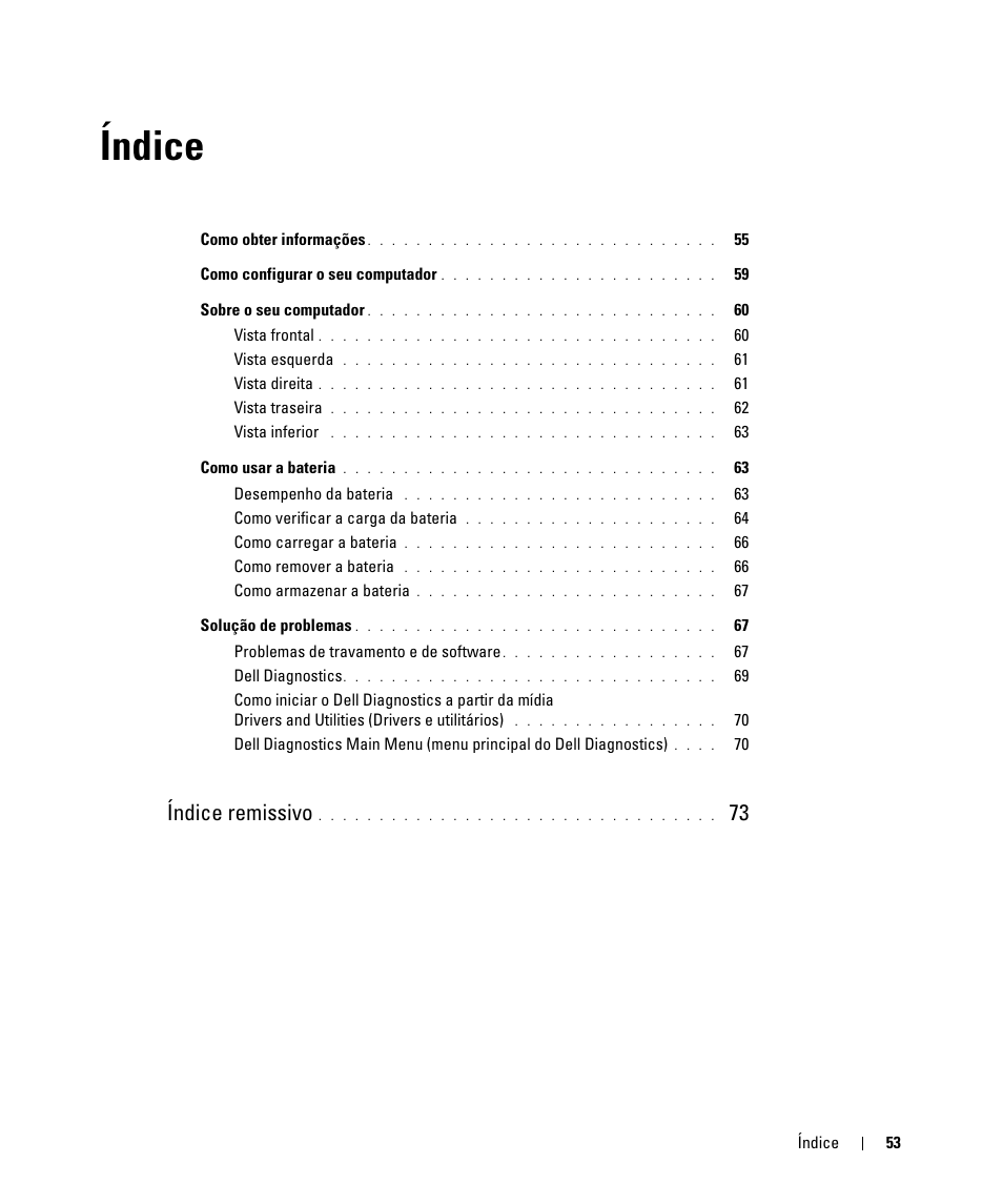 Índice, Índice remissivo | Dell Latitude D630 ATG (Mid 2007) User Manual | Page 53 / 98