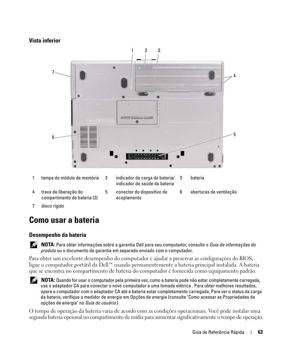 Vista inferior, Como usar a bateria, Desempenho da bateria | Dell Latitude D630 ATG (Mid 2007) User Manual | Page 63 / 98