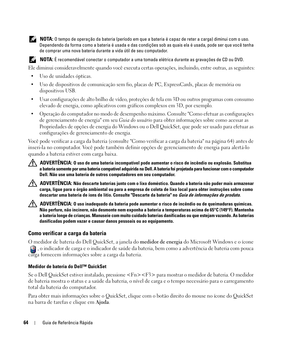 Como verificar a carga da bateria | Dell Latitude D630 ATG (Mid 2007) User Manual | Page 64 / 98