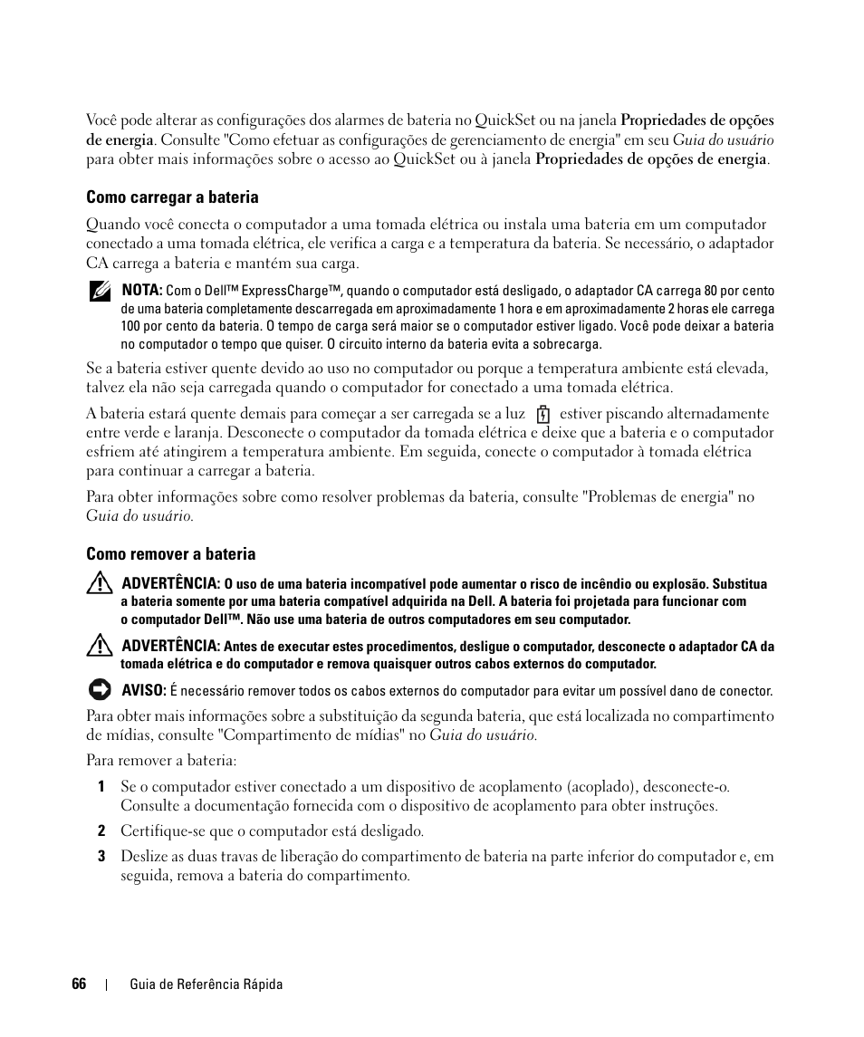 Como carregar a bateria, Como remover a bateria | Dell Latitude D630 ATG (Mid 2007) User Manual | Page 66 / 98