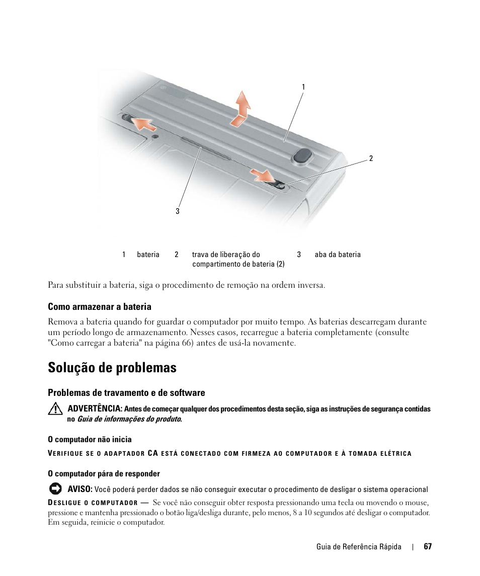 Como armazenar a bateria, Solução de problemas, Problemas de travamento e de software | Dell Latitude D630 ATG (Mid 2007) User Manual | Page 67 / 98