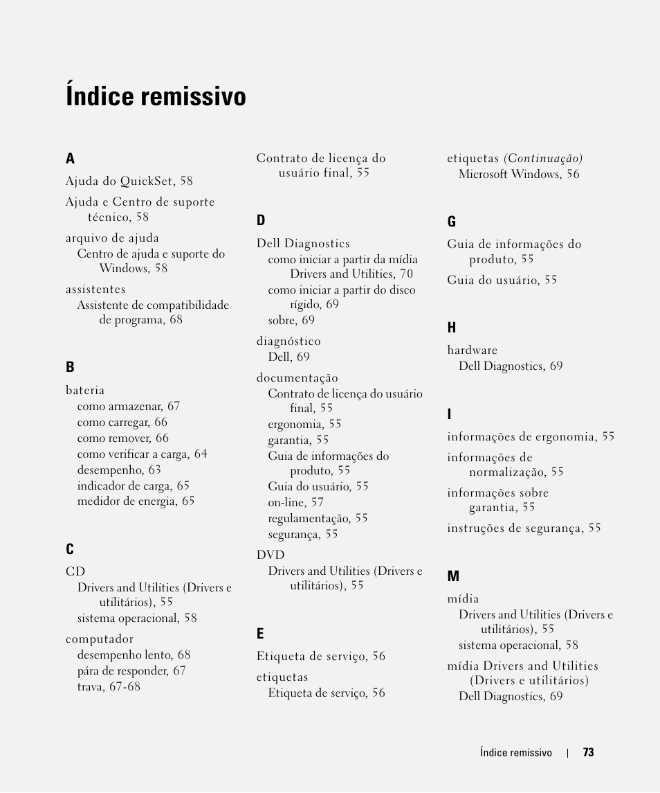 Índice remissivo | Dell Latitude D630 ATG (Mid 2007) User Manual | Page 73 / 98