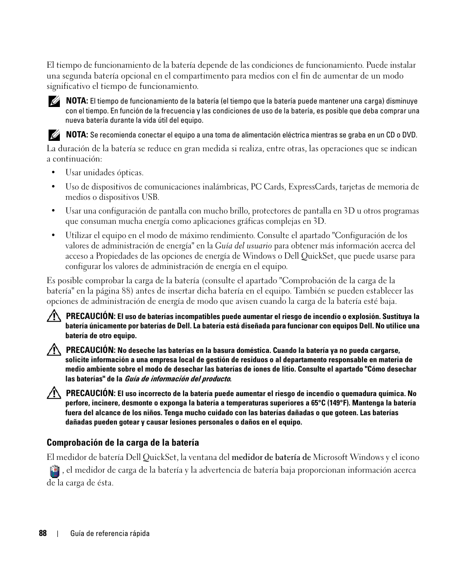 Comprobación de la carga de la batería | Dell Latitude D630 ATG (Mid 2007) User Manual | Page 88 / 98