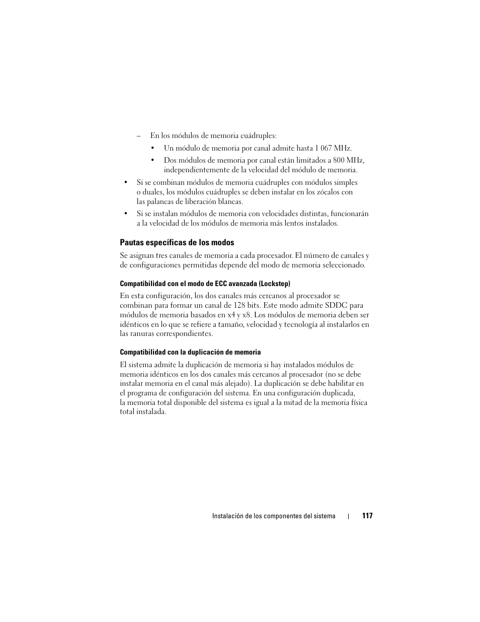 Pautas específicas de los modos | Dell PowerEdge T710 User Manual | Page 117 / 238