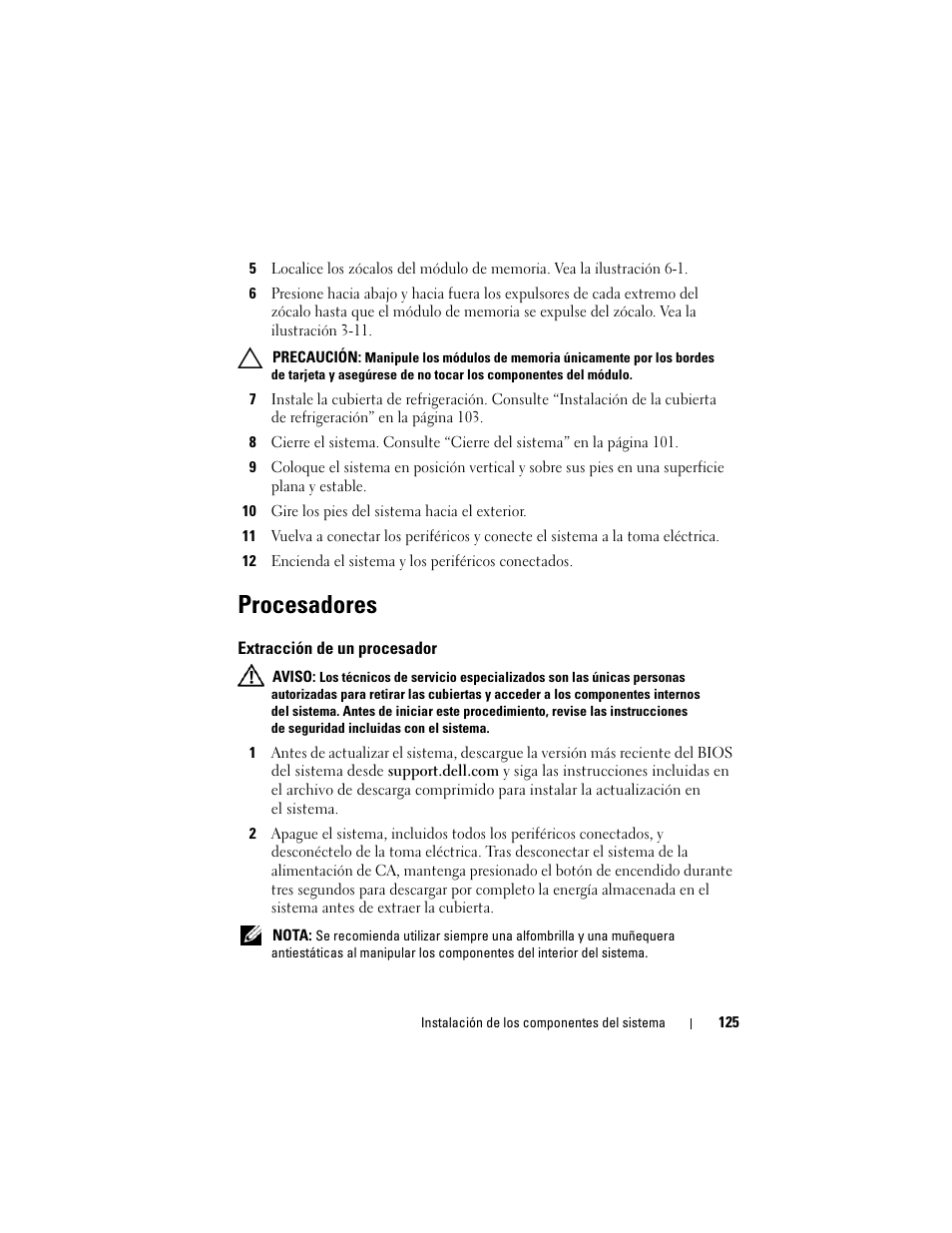 Procesadores, Extracción de un procesador | Dell PowerEdge T710 User Manual | Page 125 / 238