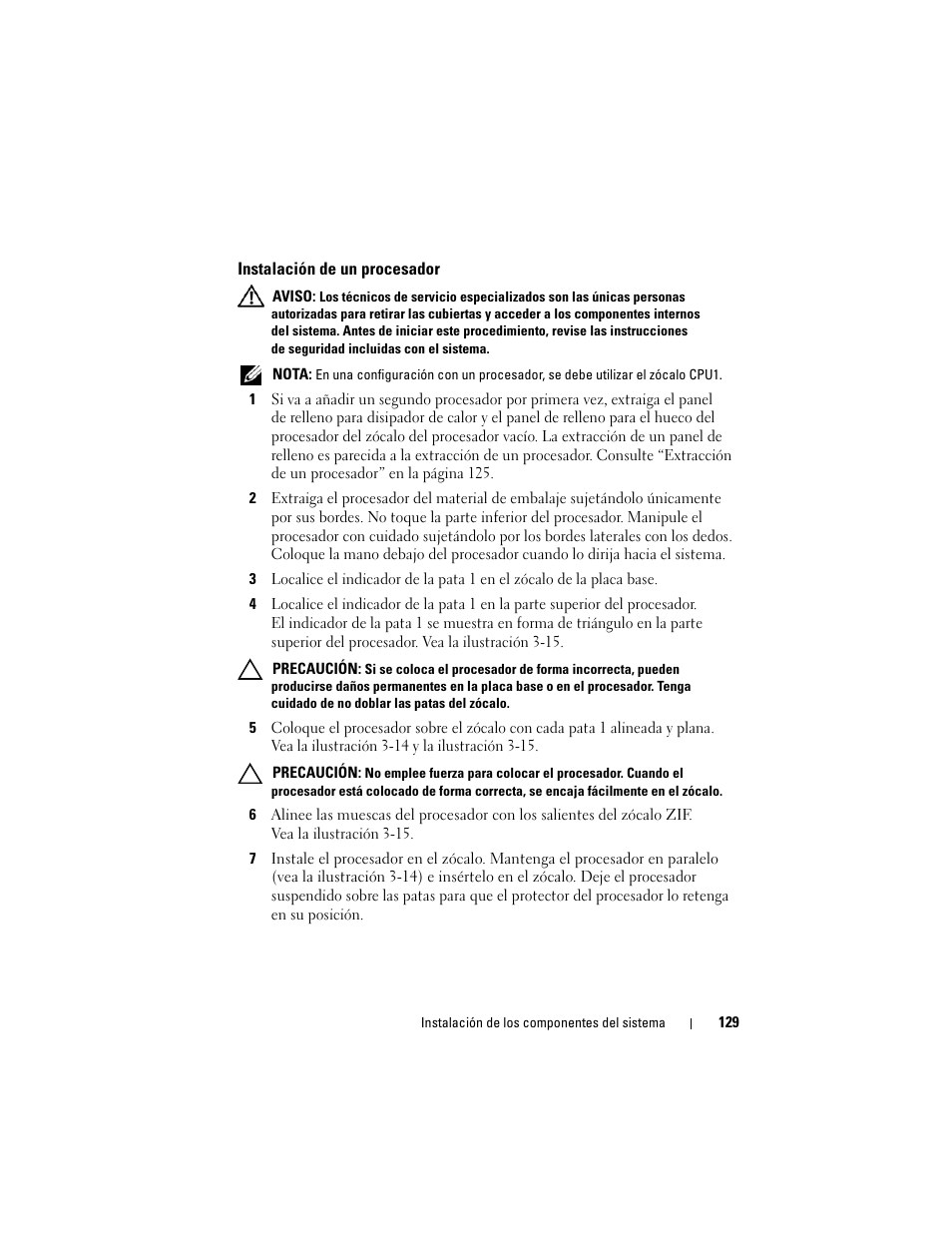 Instalación de un procesador | Dell PowerEdge T710 User Manual | Page 129 / 238