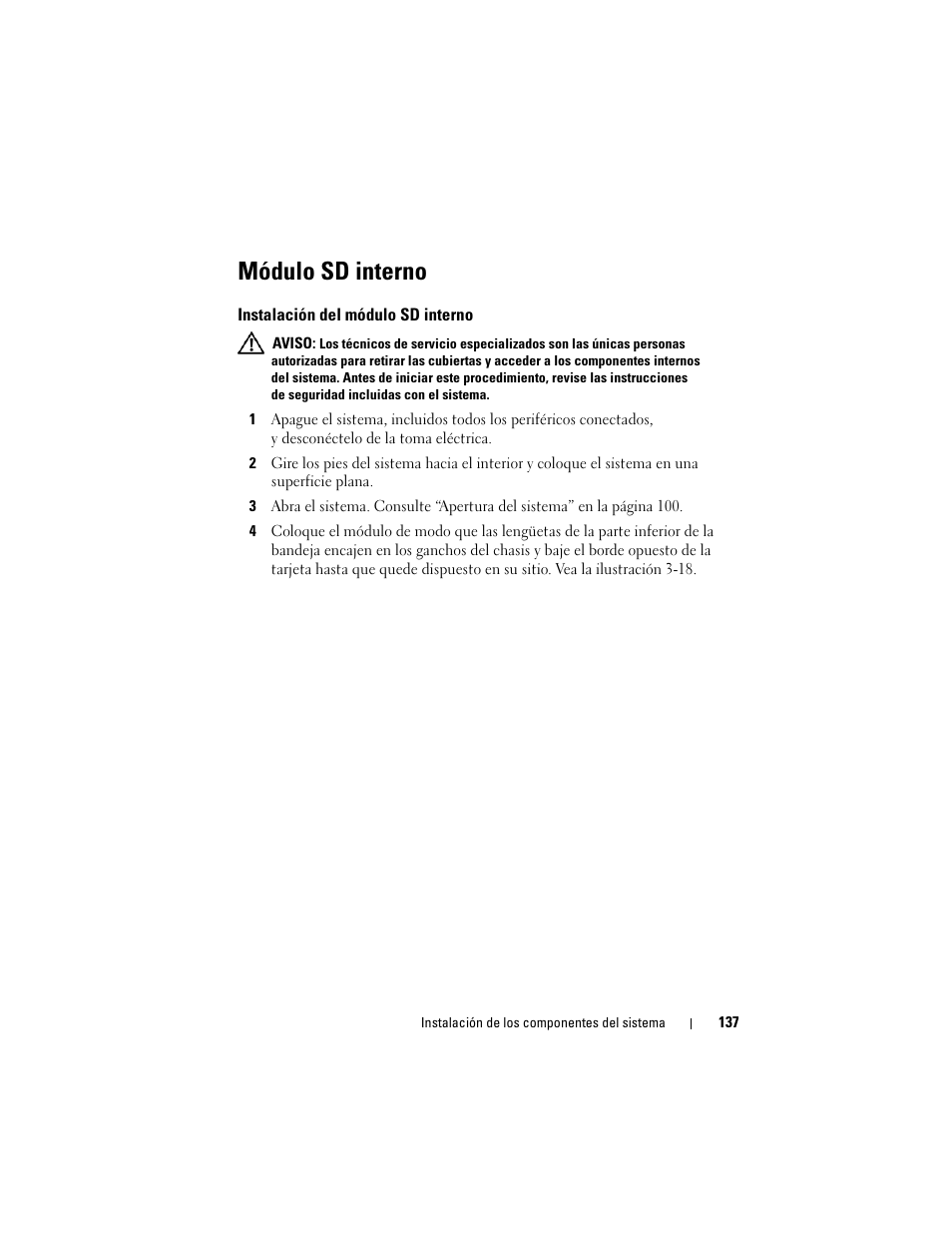 Módulo sd interno, Instalación del módulo sd interno | Dell PowerEdge T710 User Manual | Page 137 / 238