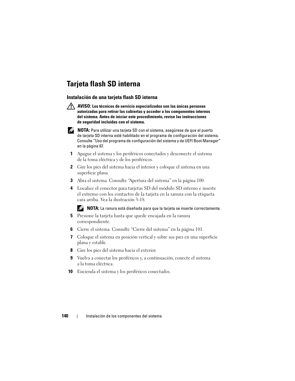 Tarjeta flash sd interna, Instalación de una tarjeta flash sd interna | Dell PowerEdge T710 User Manual | Page 140 / 238