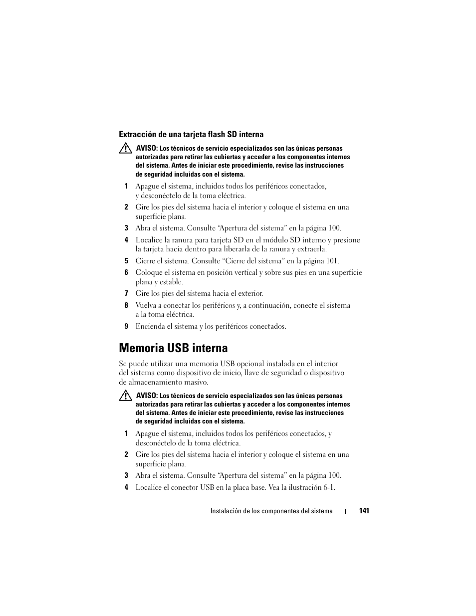 Extracción de una tarjeta flash sd interna, Memoria usb interna | Dell PowerEdge T710 User Manual | Page 141 / 238