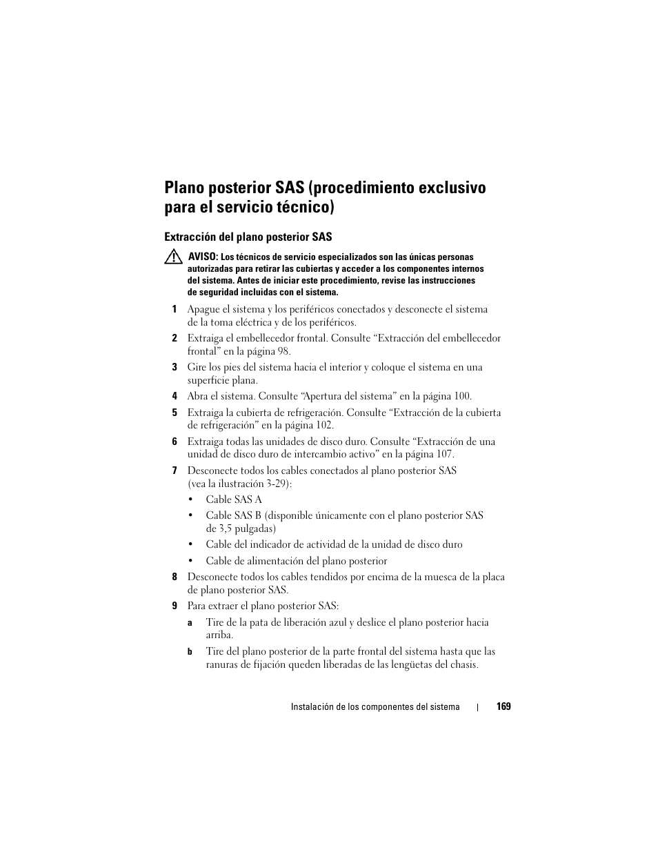 Extracción del plano posterior sas | Dell PowerEdge T710 User Manual | Page 169 / 238