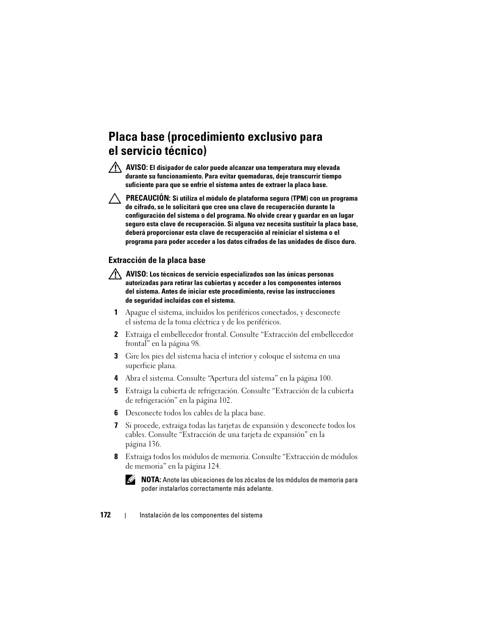 Extracción de la placa base | Dell PowerEdge T710 User Manual | Page 172 / 238