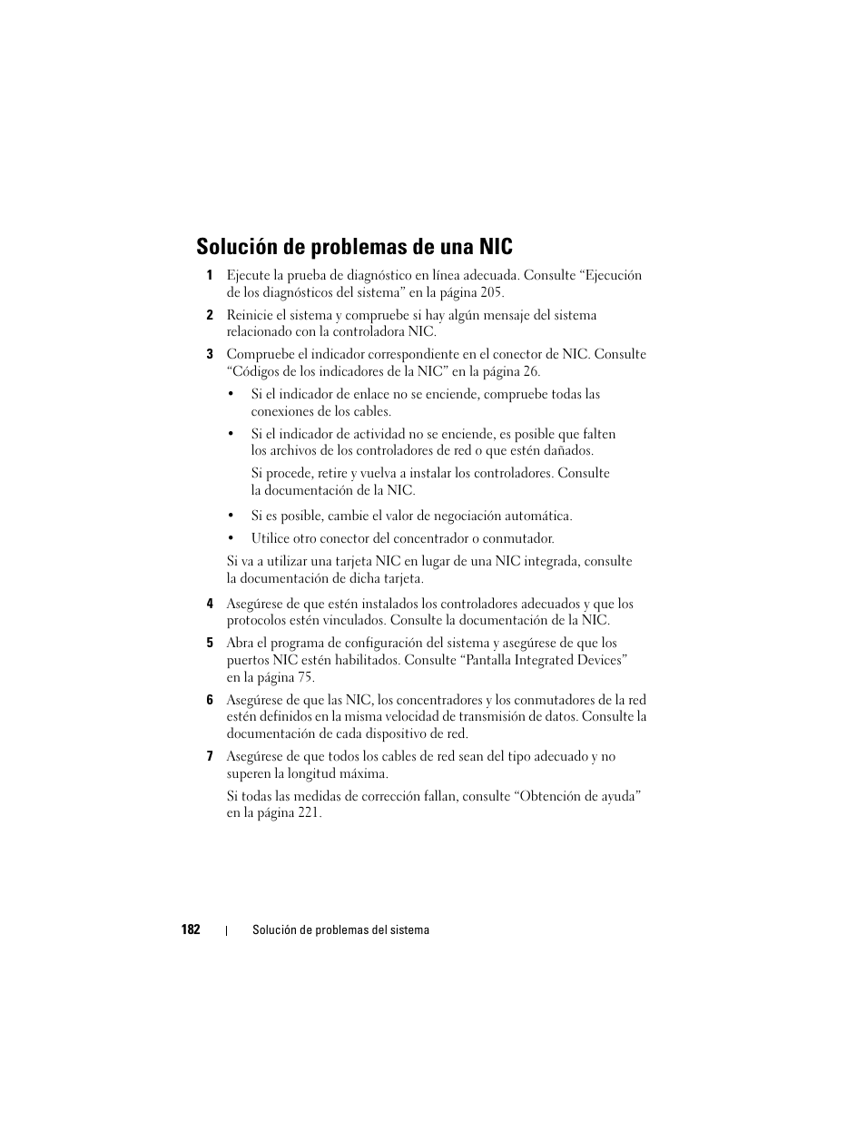 Solución de problemas de una nic | Dell PowerEdge T710 User Manual | Page 182 / 238