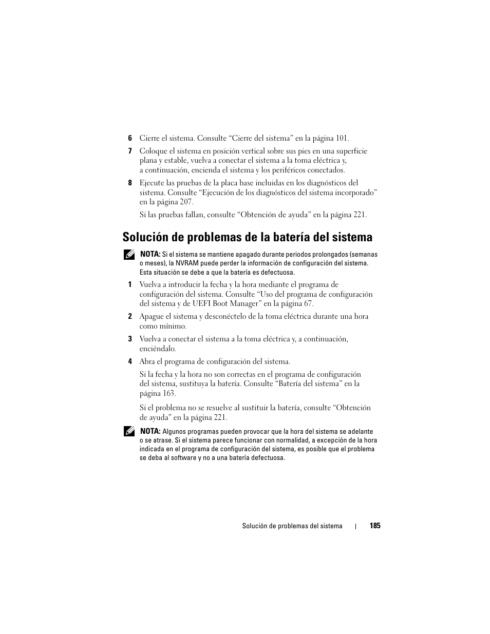 Solución de problemas de la batería del sistema | Dell PowerEdge T710 User Manual | Page 185 / 238