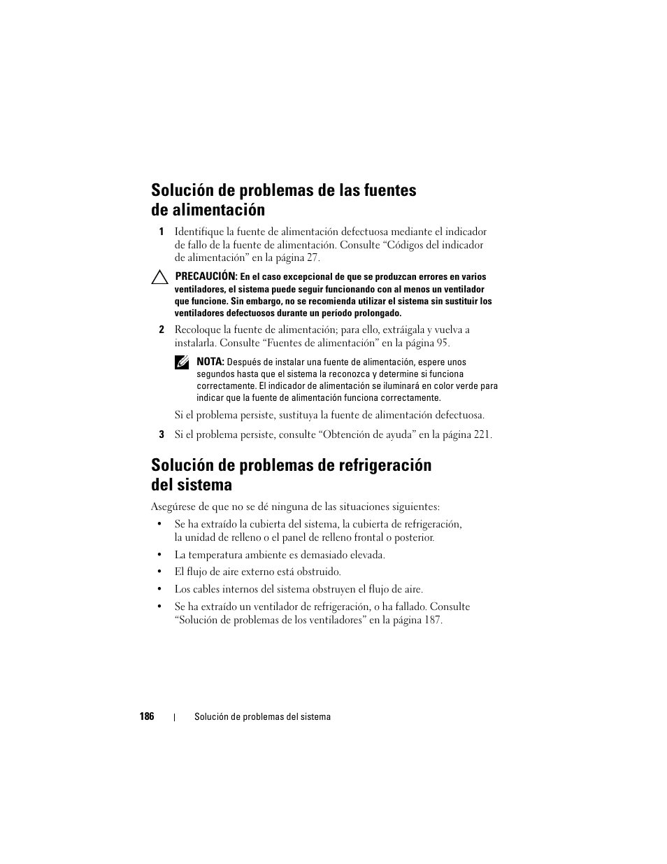 Solución de problemas de refrigeración del sistema | Dell PowerEdge T710 User Manual | Page 186 / 238