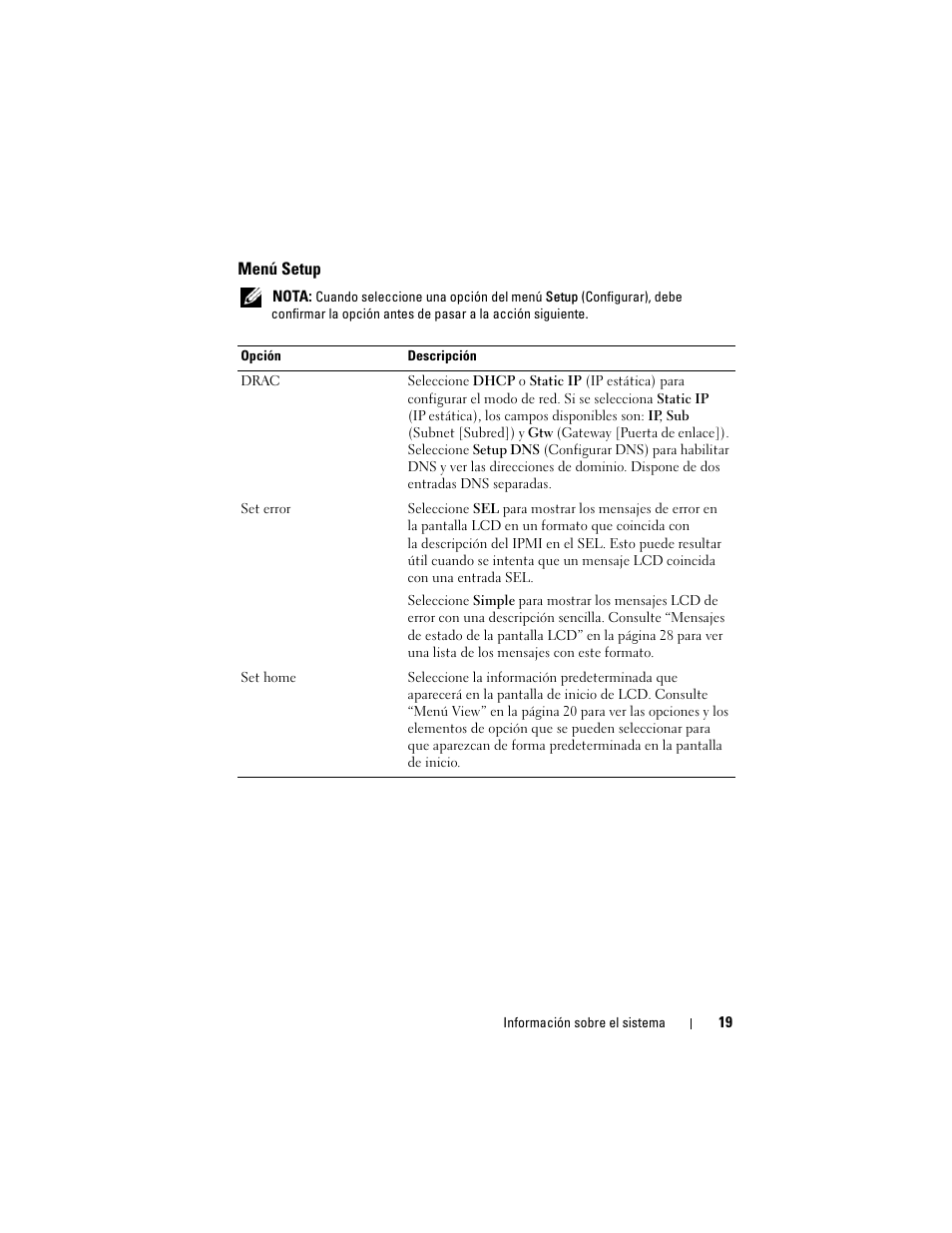 Menú setup | Dell PowerEdge T710 User Manual | Page 19 / 238