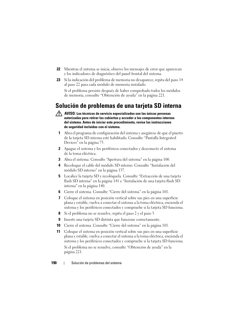 Solución de problemas de una tarjeta sd interna | Dell PowerEdge T710 User Manual | Page 190 / 238