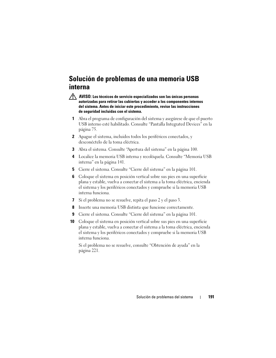 Solución de problemas de una memoria usb interna | Dell PowerEdge T710 User Manual | Page 191 / 238