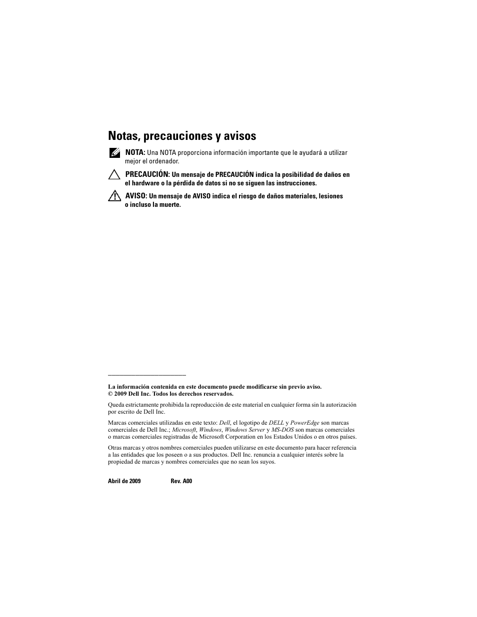 Notas, precauciones y avisos | Dell PowerEdge T710 User Manual | Page 2 / 238