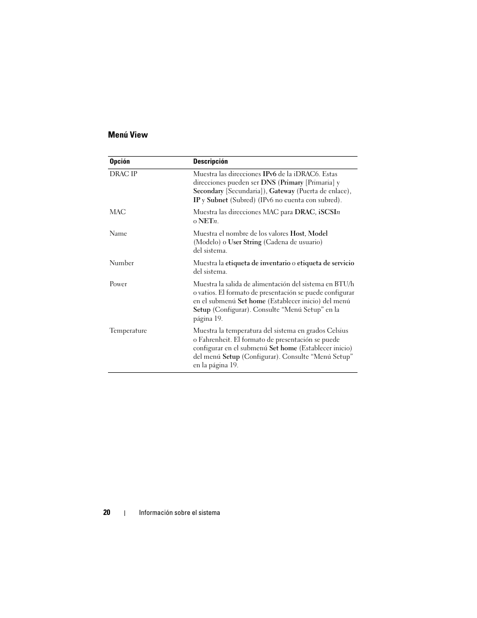 Menú view | Dell PowerEdge T710 User Manual | Page 20 / 238