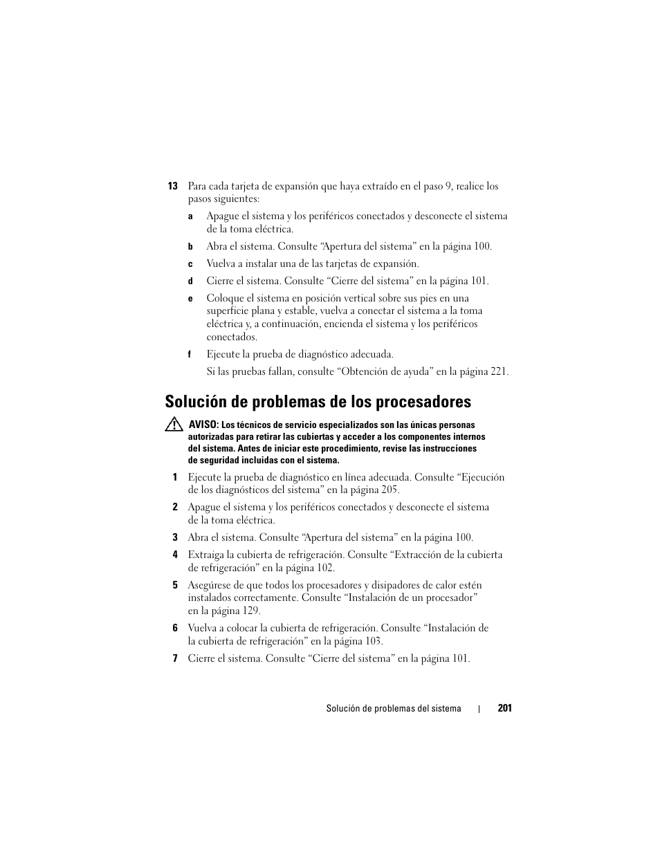 Solución de problemas de los procesadores | Dell PowerEdge T710 User Manual | Page 201 / 238