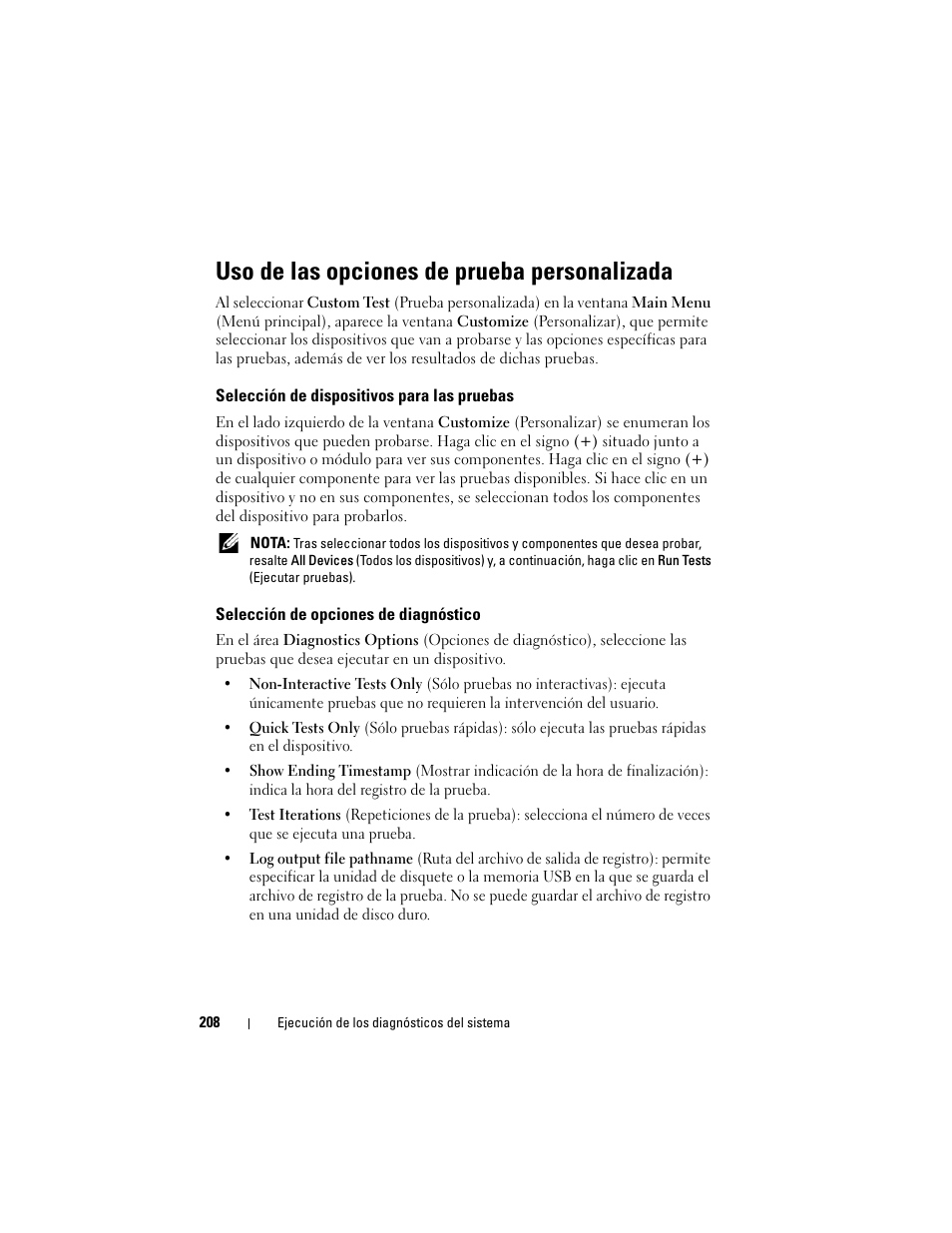 Uso de las opciones de prueba personalizada, Selección de dispositivos para las pruebas, Selección de opciones de diagnóstico | Dell PowerEdge T710 User Manual | Page 208 / 238