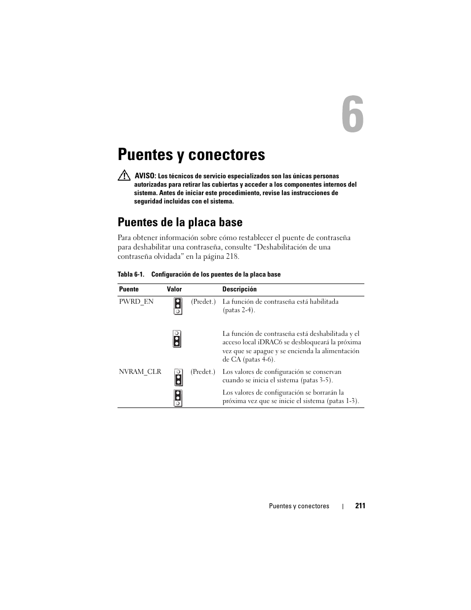 Puentes y conectores, Puentes de la placa base | Dell PowerEdge T710 User Manual | Page 211 / 238