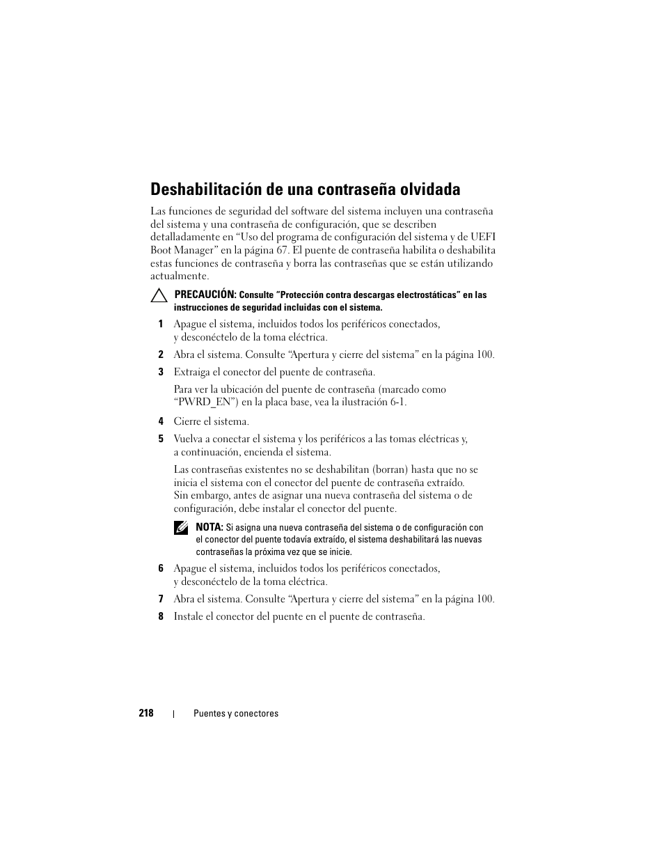 Deshabilitación de una contraseña olvidada | Dell PowerEdge T710 User Manual | Page 218 / 238