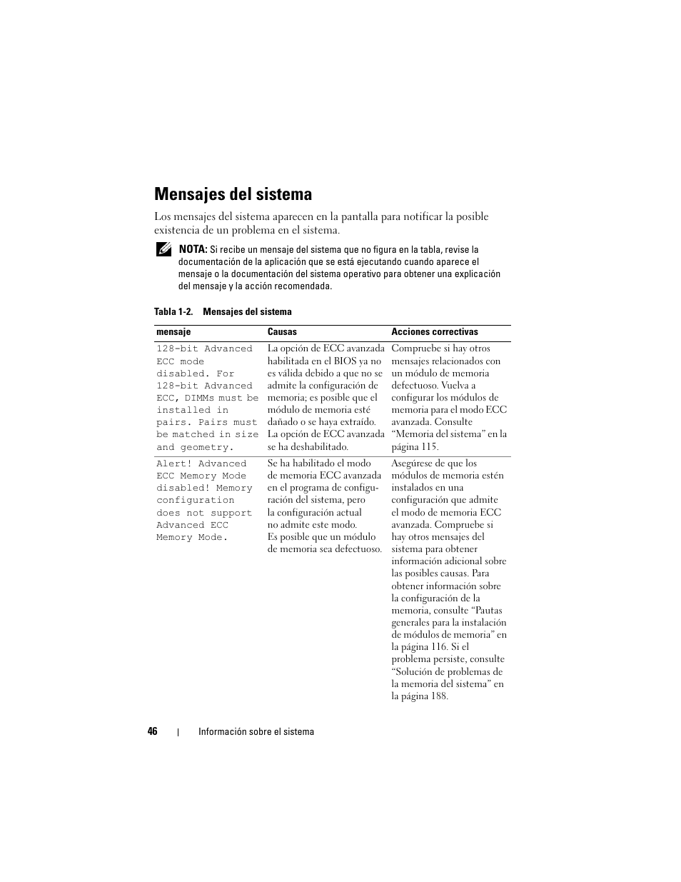 Mensajes del sistema | Dell PowerEdge T710 User Manual | Page 46 / 238