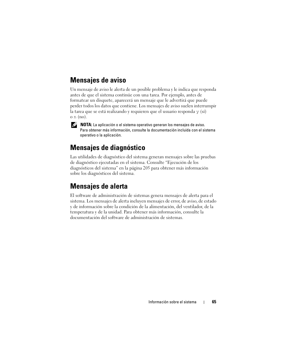 Mensajes de aviso, Mensajes de diagnóstico, Mensajes de alerta | Dell PowerEdge T710 User Manual | Page 65 / 238