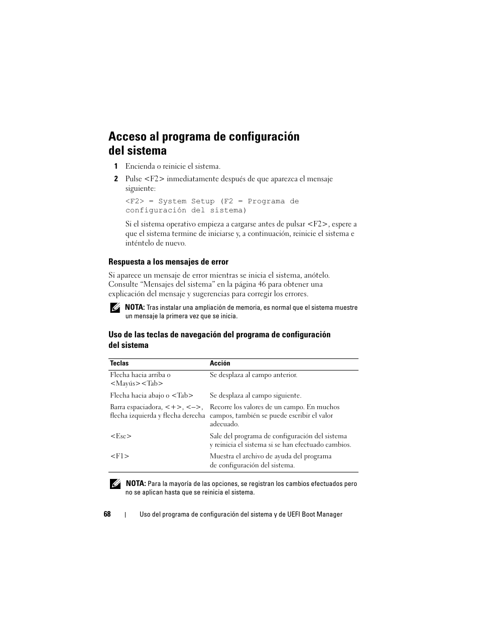 Acceso al programa de configuración del sistema, Respuesta a los mensajes de error | Dell PowerEdge T710 User Manual | Page 68 / 238