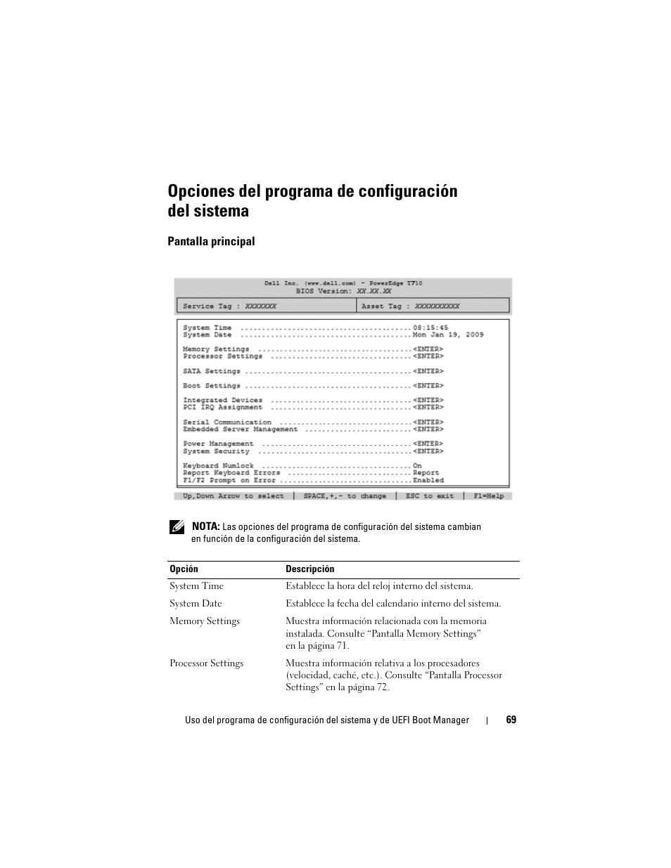 Opciones del programa de configuración del sistema, Pantalla principal | Dell PowerEdge T710 User Manual | Page 69 / 238