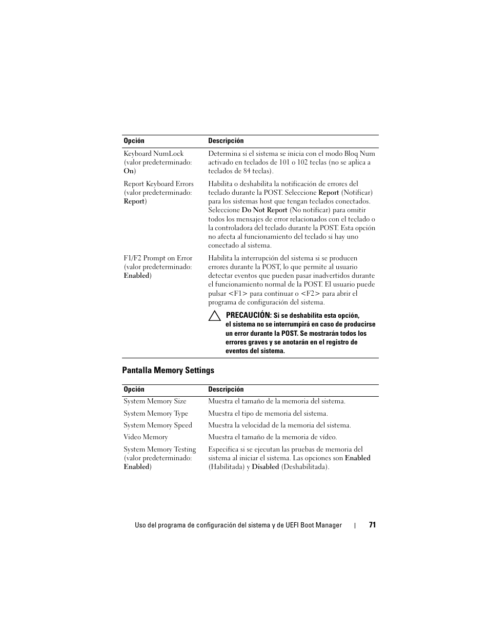 Pantalla memory settings | Dell PowerEdge T710 User Manual | Page 71 / 238