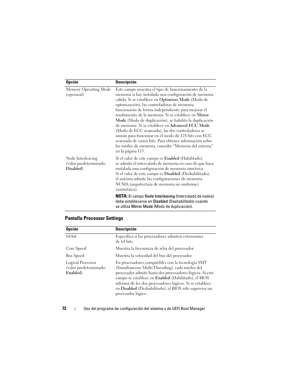 Pantalla processor settings | Dell PowerEdge T710 User Manual | Page 72 / 238