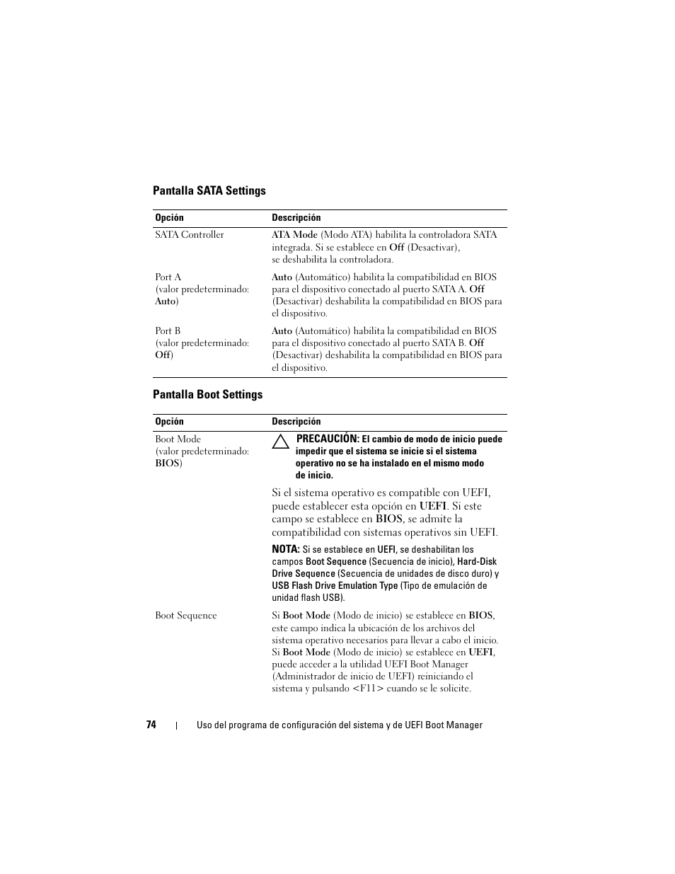 Pantalla sata settings, Pantalla boot settings | Dell PowerEdge T710 User Manual | Page 74 / 238