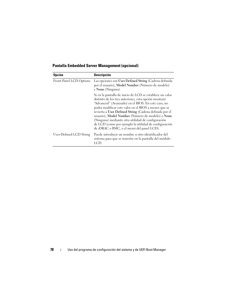 Pantalla embedded server management (opcional) | Dell PowerEdge T710 User Manual | Page 78 / 238