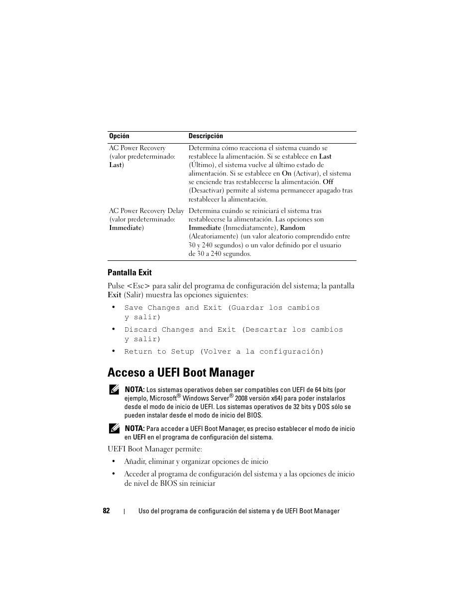 Pantalla exit, Acceso a uefi boot manager | Dell PowerEdge T710 User Manual | Page 82 / 238