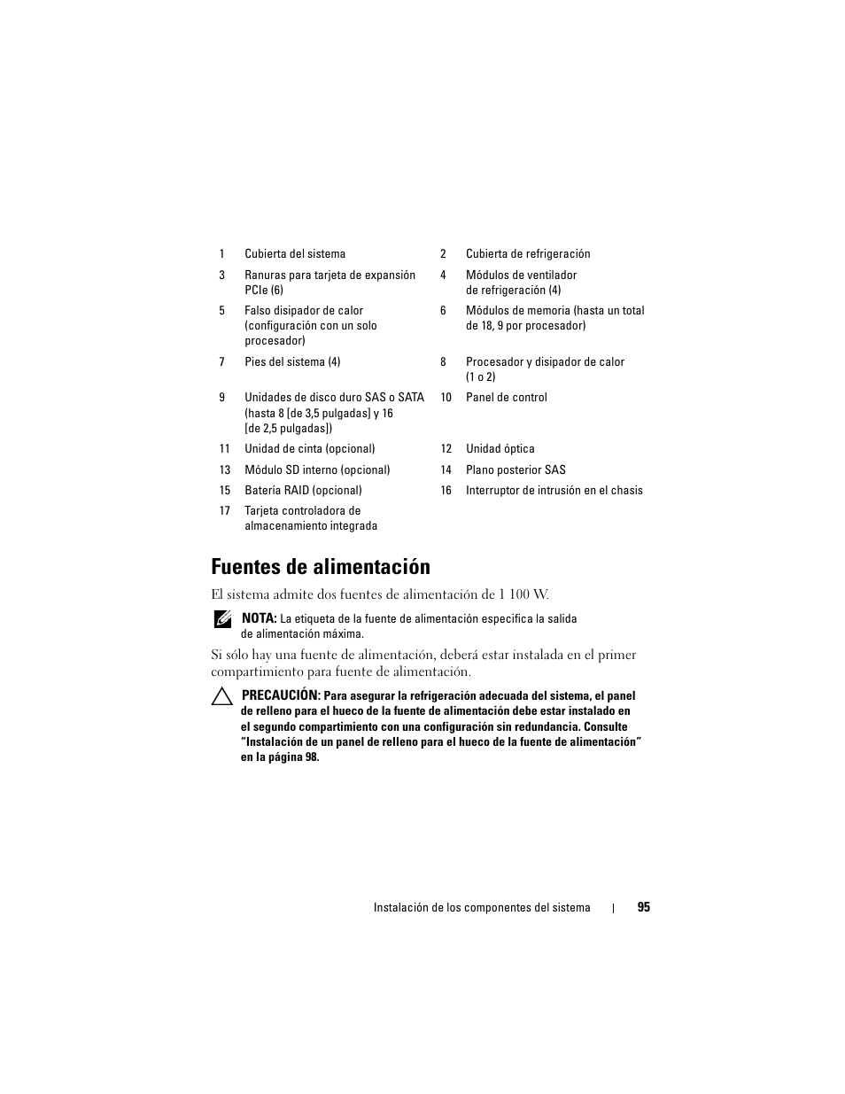 Fuentes de alimentación | Dell PowerEdge T710 User Manual | Page 95 / 238