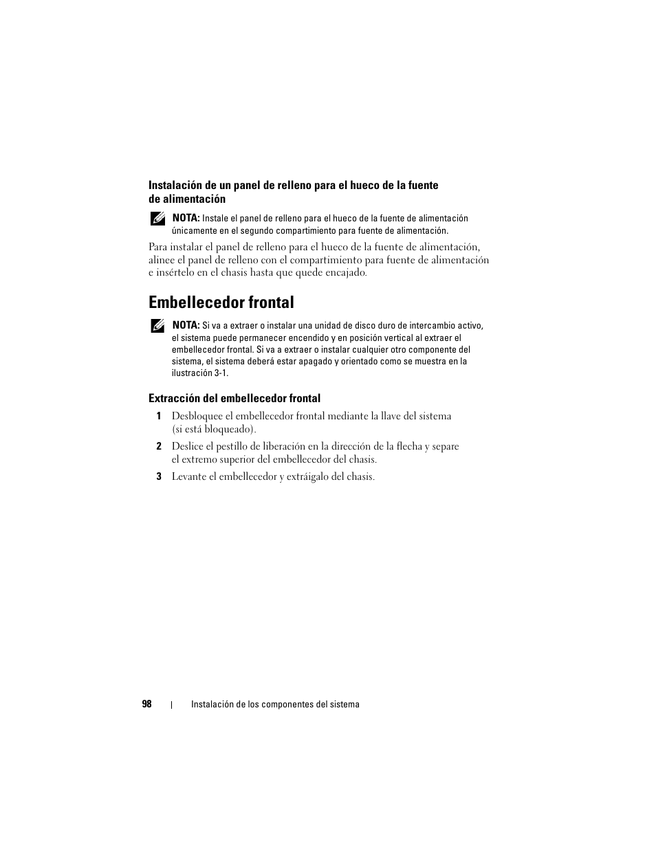 Embellecedor frontal, Extracción del embellecedor frontal | Dell PowerEdge T710 User Manual | Page 98 / 238